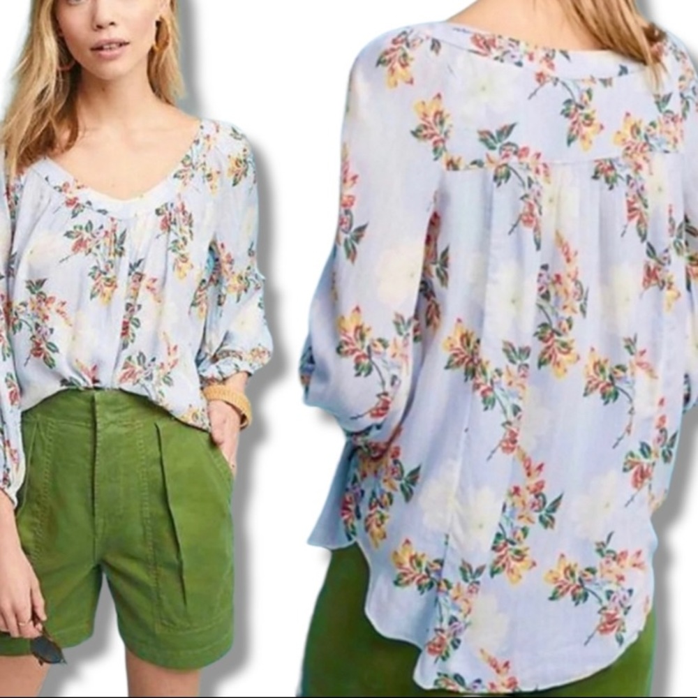 EUC Anthropologie Boswell Blue Floral Blouse SZ 0